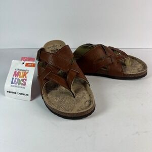 Muk Luks Womens Brown Leather Strappy Cork Footbed Slides Sandals Size 8 NWT